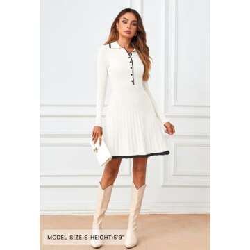 MEROKEETY Women's Long Sleeve V Neck Sweater Dress 2024 Fall Button Ribbed Knit Pleated Mini Dresses, White, Medium