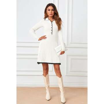 MEROKEETY Women's Long Sleeve V Neck Sweater Dress 2024 Fall Button Ribbed Knit Pleated Mini Dresses, White, Medium