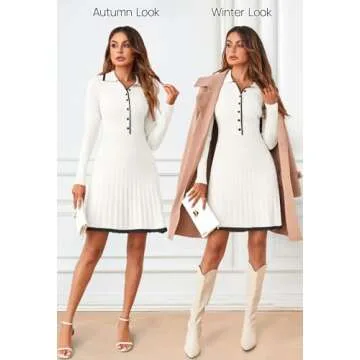 MEROKEETY Women's Long Sleeve V Neck Sweater Dress 2024 Fall Button Ribbed Knit Pleated Mini Dresses, White, Medium