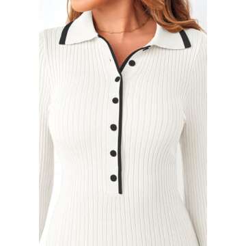 MEROKEETY Women's Long Sleeve V Neck Sweater Dress 2024 Fall Button Ribbed Knit Pleated Mini Dresses, White, Medium