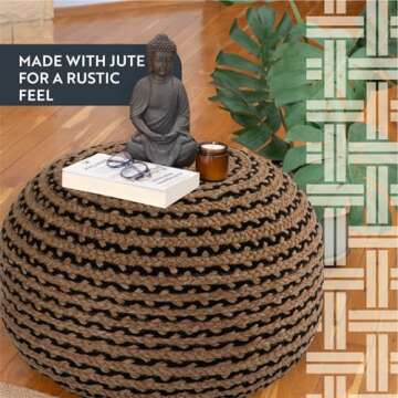 Dekorist Round Ottoman Pouf Footstool - Boho Jute Pouffe for Living Room