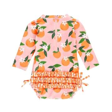 RuffleButts Baby Girls UPF 50+ Sun Protection Novelty Print Long Sleeve One Piece Rash Guard Swimsui...