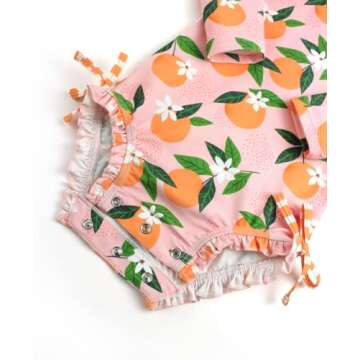 RuffleButts Baby Girls UPF 50+ Sun Protection Novelty Print Long Sleeve One Piece Rash Guard Swimsuit with Zipper - Orange You The Sweetest, 12-18m