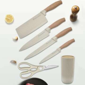 Kitchen Knife Set, Retrosohoo 6-Pieces Khaki Sharp Knife Set for Kitchen, Non-stick Non-slip Stainless Steel Chef Knife Set with Universal Knife Block Suitable for Home Restaurant (Khaki)