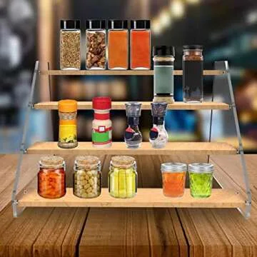 VAEHOLD Spice Rack Organizer for Cabinet & Countertop - Seasoning Organizer Spice Shelf - Space Saving Wooden Display Risers Shelf Showcase Fixtures Jewelry (4 Tier)