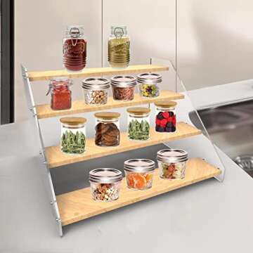 VAEHOLD Spice Rack Organizer for Cabinet & Countertop - Seasoning Organizer Spice Shelf - Space Saving Wooden Display Risers Shelf Showcase Fixtures Jewelry (4 Tier)