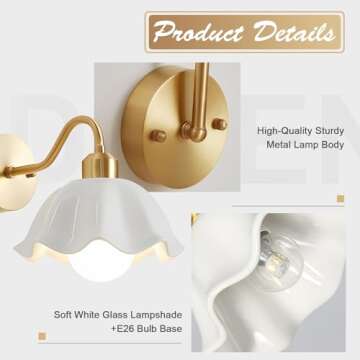 Magiroz Mid Century Modern Single Gold Wall Sconce Industrial Vintage Wall Mount Light Fixture Simple Rustic 1-Light Antique Brass Wall Sconce with White Glass Lampshade Retro Wall Lamps MWL02-1B