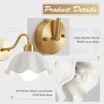 Magiroz Mid Century Modern Single Gold Wall Sconce Industrial Vintage Wall Mount Light Fixture Simple Rustic 1-Light Antique Brass Wall Sconce with White Glass Lampshade Retro Wall Lamps MWL02-1B