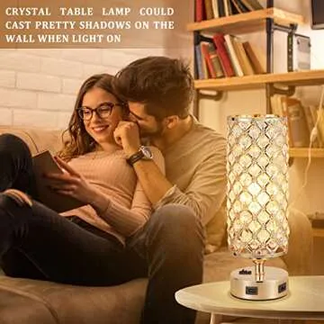 USB Crystal Table Lamp, Gold Table Lamp with Dual USB Charging Ports, Bedside Light Metal Base Stylish, Modern Lamp with Crystal Lamp Shade, Nightstand Light for Bedroom Living Room Entryway Office