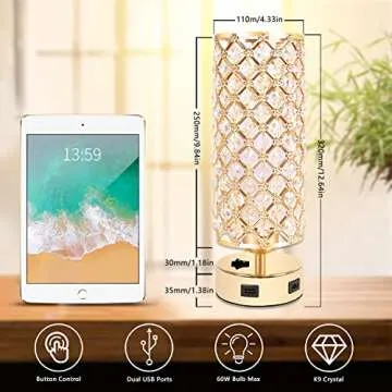 USB Crystal Table Lamp, Gold Table Lamp with Dual USB Charging Ports, Bedside Light Metal Base Stylish, Modern Lamp with Crystal Lamp Shade, Nightstand Light for Bedroom Living Room Entryway Office