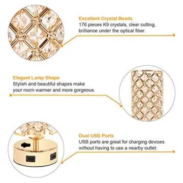 USB Crystal Table Lamp, Gold Table Lamp with Dual USB Charging Ports, Bedside Light Metal Base Stylish, Modern Lamp with Crystal Lamp Shade, Nightstand Light for Bedroom Living Room Entryway Office