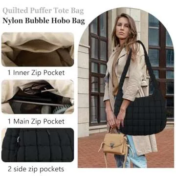 Iqimott Quilted Puffer Tote Bag Large Crossbody Shoulder Bag with Zipper, Nylon Bubble Hobo Bags Travel Top Handle Handbag for Women, Oversized Padding Quilted Bag Soft Large Carryall Bag (Black)