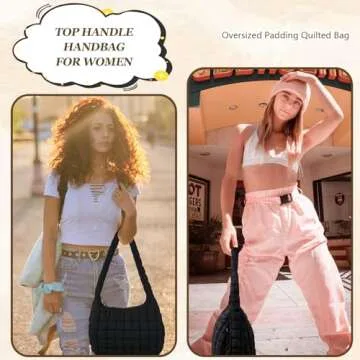 Iqimott Quilted Puffer Tote Bag Large Crossbody Shoulder Bag with Zipper, Nylon Bubble Hobo Bags Travel Top Handle Handbag for Women, Oversized Padding Quilted Bag Soft Large Carryall Bag (Black)