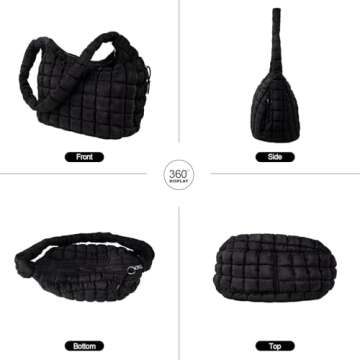 Iqimott Quilted Puffer Tote Bag Large Crossbody Shoulder Bag with Zipper, Nylon Bubble Hobo Bags Travel Top Handle Handbag for Women, Oversized Padding Quilted Bag Soft Large Carryall Bag (Black)