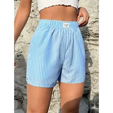 SOLY HUX Women's Y2K Striped Boxer Shorts Elastic High Waisted Straight Leg Workout Gym Shorts Blue Letter S