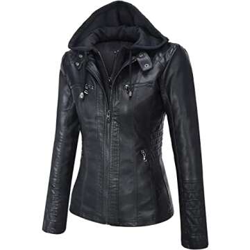 Springrain Women's Faux Leather Jacket Moto Biker Coat with Detachable Hood