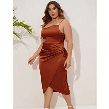 ZOMVA Plus Size Satin Dress 1X-4X Ruched Cowl Neck Spaghetti Strap Elegant Midi Dress Wedding Guest Cocktail, Rust Brown, XXL