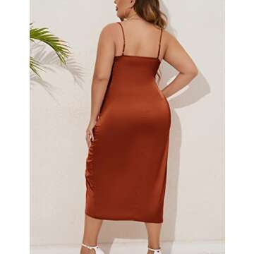 ZOMVA Plus Size Satin Dress 1X-4X Ruched Cowl Neck Spaghetti Strap Elegant Midi Dress Wedding Guest Cocktail, Rust Brown, XXL