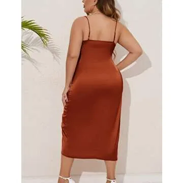 ZOMVA Plus Size Satin Dress 1X-4X Ruched Cowl Neck Spaghetti Strap Elegant Midi Dress Wedding Guest Cocktail, Rust Brown, XXL