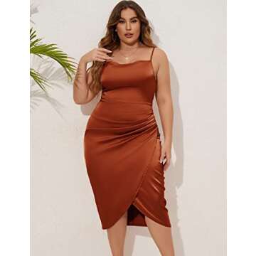 ZOMVA Plus Size Satin Dress 1X-4X Ruched Cowl Neck Spaghetti Strap Elegant Midi Dress Wedding Guest Cocktail, Rust Brown, XXL