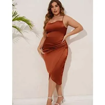 ZOMVA Plus Size Satin Dress 1X-4X Ruched Cowl Neck Spaghetti Strap Elegant Midi Dress Wedding Guest Cocktail, Rust Brown, XXL
