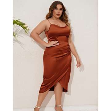 ZOMVA Plus Size Satin Dress 1X-4X Ruched Cowl Neck Spaghetti Strap Elegant Midi Dress Wedding Guest Cocktail, Rust Brown, XXL
