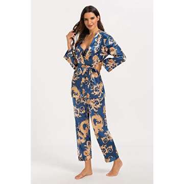 Escalier Women's Silk Satin Pajamas Set 3 Pcs Floral Silky Pj Sets Sleepwear Cami Nightwear with Robe and Pants Navy M