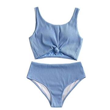 ZAFUL Women's Knot Textured Ribbed Scoop Neck Bikini - Stylish Swimwear Set
