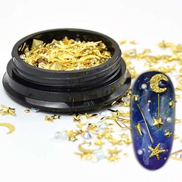 Katfan 3D Gold Nail Studs Gems Mixed Sparkle Rhinestones Crystals Pearls Beads Hollow Moon Star Meta...