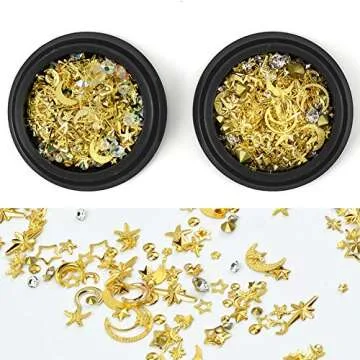 Katfan 3D Gold Nail Studs Gems Mixed Sparkle Rhinestones Crystals Pearls Beads Hollow Moon Star Metal Rivets Charms Micro 3D Nail Art Decoration for DIY Jewelry Diamonds Women Manicure(2 Boxes)