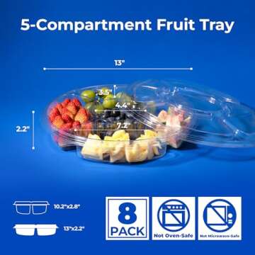 Fit Meal Prep 13" Round Plastic Appetizer Tray with Lid, 8 Pack Divided Serving Platters and Trays w...