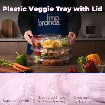 Fit Meal Prep 13" Round Plastic Appetizer Tray with Lid, 8 Pack Divided Serving Platters and Trays with Lids, 5 Compartment Disposable Fruit Tray Veggie Tray Platter for Snack, Party & Buffet