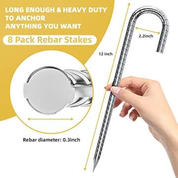 8PCS J Hook Rebar Stakes Extra Heavy Duty for Garden and Tent Anchoring
