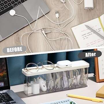 Bokon 4 Pack Clear Plastic Charger Cord Organizer Box with Lid Data Cable Storage Organizer with 7 Compartments, Easy Storage Without Wire Ties, Electronic Accessories Case for Office Home Desk Drawer