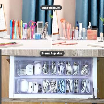 Bokon 4 Pack Clear Plastic Charger Cord Organizer Box with Lid Data Cable Storage Organizer with 7 Compartments, Easy Storage Without Wire Ties, Electronic Accessories Case for Office Home Desk Drawer
