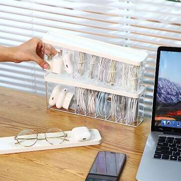 Bokon 4 Pack Clear Plastic Charger Cord Organizer Box with Lid Data Cable Storage Organizer with 7 Compartments, Easy Storage Without Wire Ties, Electronic Accessories Case for Office Home Desk Drawer