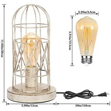 Small Table Lamp, Touch Control Table Lamp with Brushed White Oak Cage, Farmhouse Bedside Lamp 3-Way Dimmable Nightstand Lamp Edison Lamp for Bedroom, Living Room, Hallway, Kitchen, LED Bulb Included