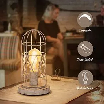 Small Table Lamp, Touch Control Table Lamp with Brushed White Oak Cage, Farmhouse Bedside Lamp 3-Way Dimmable Nightstand Lamp Edison Lamp for Bedroom, Living Room, Hallway, Kitchen, LED Bulb Included