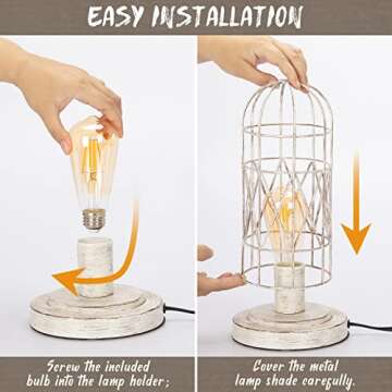 Small Table Lamp, Touch Control Table Lamp with Brushed White Oak Cage, Farmhouse Bedside Lamp 3-Way Dimmable Nightstand Lamp Edison Lamp for Bedroom, Living Room, Hallway, Kitchen, LED Bulb Included