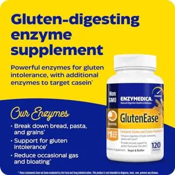 Enzymedica GlutenEase, Digestive Enzymes for Food Intolerance, Offers Fast Acting Gas & Bloating Relief, 120 Count