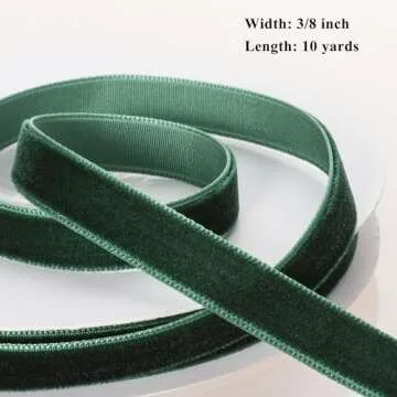 GIYOMI Forest Green Velvet Ribbon - 3/8 Inch Wide, 10 Yards Roll - Festive Flocked Ribbon for Holiday Decor, Crafts, and Gift Wrapping