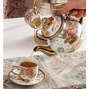 CHANJOON Gold Plated Red Rose Vintage Tea Set for 6