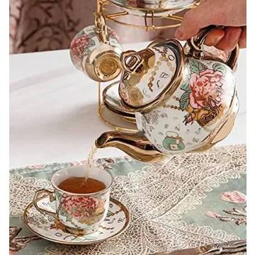 CHANJOON Gold Plated Red Rose Vintage Tea Set for 6