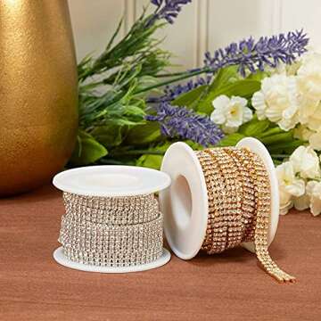 2.5 mm Gold Crystal Rhinestone Chain for Sewing and Crafts, 3 Rows (3 Yards)
