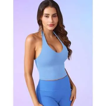 YEOREO Women's Halter Crop Top V Neck Workout Going Out Tank Top Hazel Padded Sleeveless Backless Trendy Summer Camisole Light Blue Small