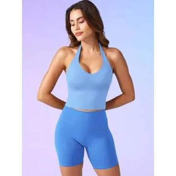 YEOREO Women's Halter Crop Top V Neck Workout Going Out Tank Top Hazel Padded Sleeveless Backless Trendy Summer Camisole Light Blue Small