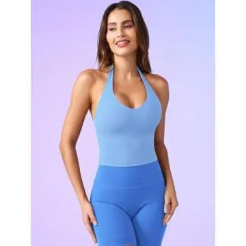 YEOREO Women's Halter Crop Top V Neck Workout Going Out Tank Top Hazel Padded Sleeveless Backless Trendy Summer Camisole Light Blue Small