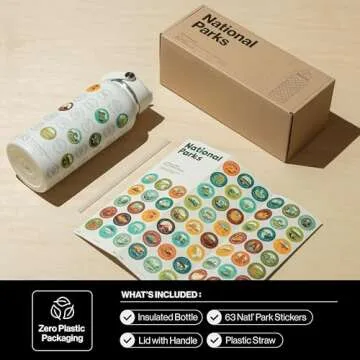 THE GEOPROJECT National Parks Water Bottle with Stickers Kit, Erikas Chesonis Collaboration, Adventure Flask with Straw, Waterproof Stickers for Water Bottle, Insulated Stainless Steel 32oz (Tan)