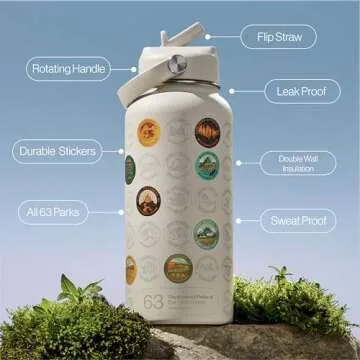 THE GEOPROJECT National Parks Water Bottle with Stickers Kit, Erikas Chesonis Collaboration, Adventure Flask with Straw, Waterproof Stickers for Water Bottle, Insulated Stainless Steel 32oz (Tan)