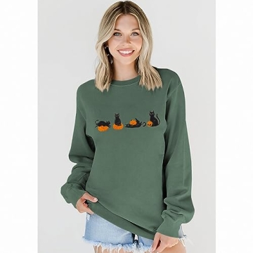 IZYJOY Women Halloween Cat Pumpkin Sweatshirt Oversized Style